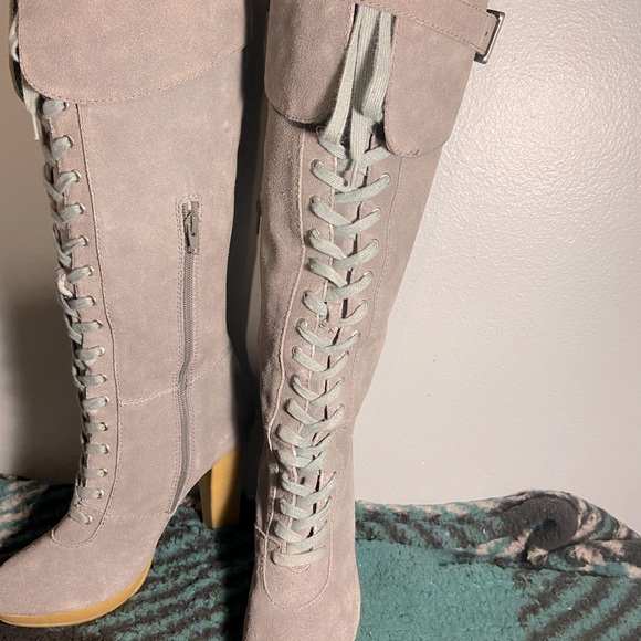 Charles David Gray Suede Lace up Knee High Bootss - Picture 8 of 10